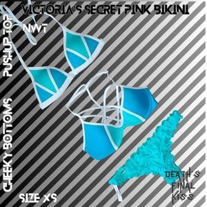 Victoria's Secret PINK Aqua Blue White Caged Pushup Ruffle Itsy Cheeky Bikini XS